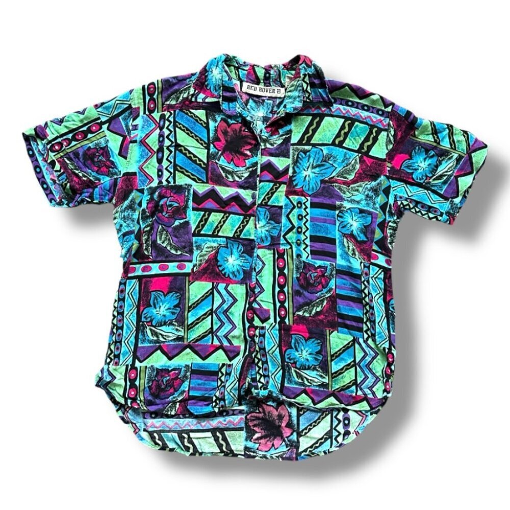 Vintage Red Rover Colorful Tropical Short Sleeve Button Up Shirt Women's Medium